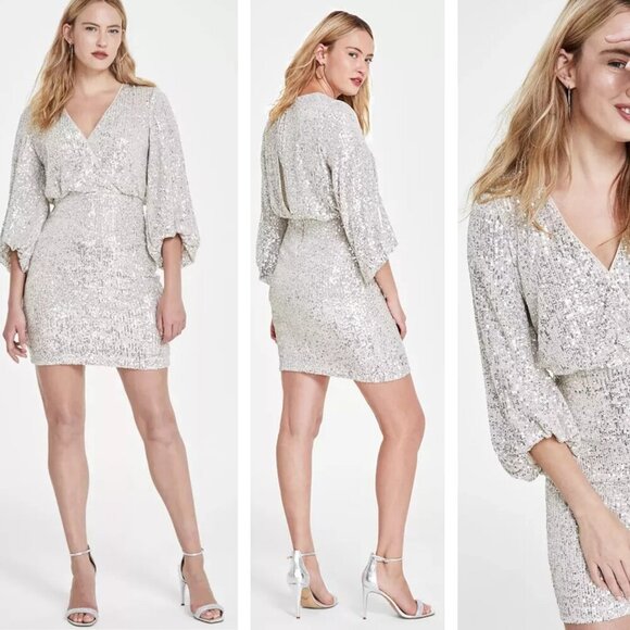 Eliza J Silver Sequined Blouson Mini Shift Dress - 22565 - Picture 1 of 13